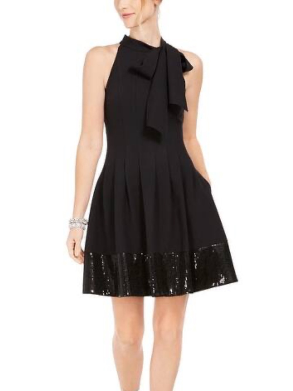 Vince Camuto Black Halter Neck Mini Fit & Flare Dress with Sequin Hem